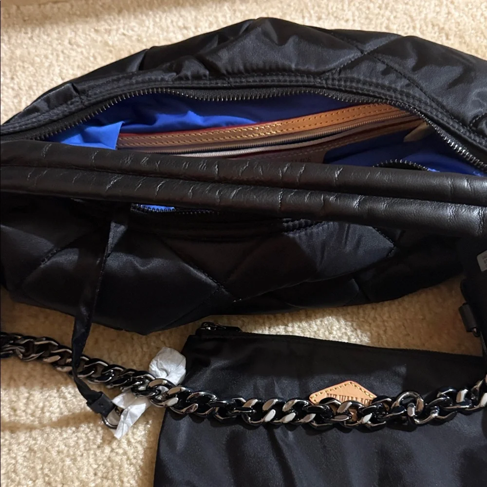 MZ Wallace Quilted Black Nylon Hobo with Silver Chain Accent